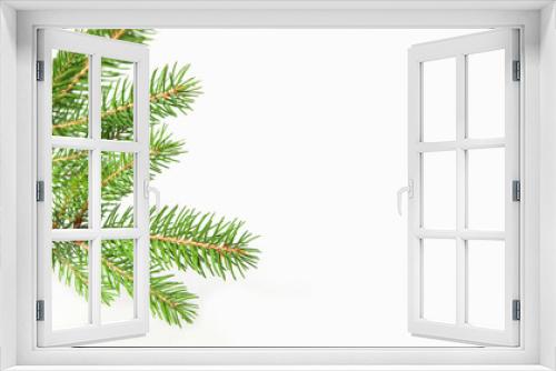 Fototapeta Naklejka Na Ścianę Okno 3D - Bouquet of fir branch or spruce branch with needles isolated on white background in silver vase. Green natural branches. Frame and border. Copy space. Christmas holiday concept. Close-up. Header