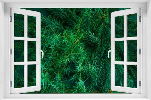 Fototapeta Naklejka Na Ścianę Okno 3D - Christmas green background. Pine branches, needles and Christmas trees. View from above. Christmas nature background. December mood concept. Copy space.