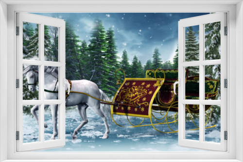 Fototapeta Naklejka Na Ścianę Okno 3D - Koń ciągnący sanie w zimowym lesie