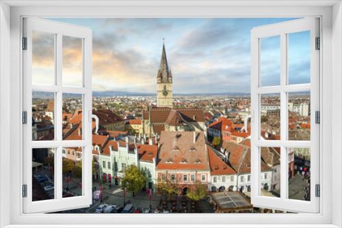 Sibiu, Romania from the Council Tower with the Small Square (Piata Mica) and the ramp heading to the Lower town, while the Evanghelical Lutheran Cathedral dominates the skyline.