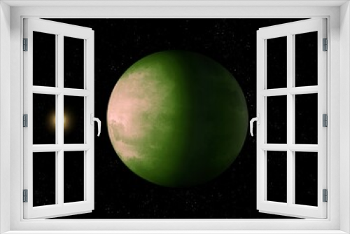 Fototapeta Naklejka Na Ścianę Okno 3D - Green exoplanet in deep space. Earth-like planet in far cosmos 3d illustration. 