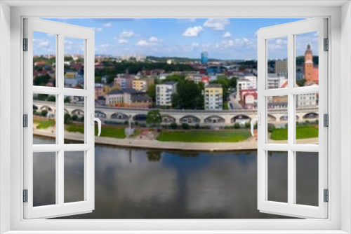 Fototapeta Naklejka Na Ścianę Okno 3D - Panoramiczny widok 180 nad południowym brzegiem rzeki Warta na bulwar i centrum miasta Gorzów Wielkopolski, most Staromiejski i most kolejowy.