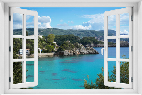 Fototapeta Naklejka Na Ścianę Okno 3D - turquoise sea and cliff coastline of touristic town Paleokastritsa, Corfu island, Greece