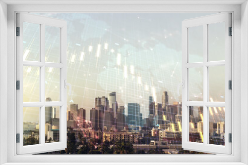 Fototapeta Naklejka Na Ścianę Okno 3D - Multi exposure of abstract financial diagram and world map on Los Angeles office buildings background, banking and accounting concept