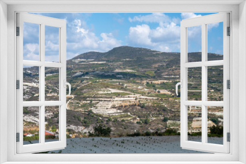 Fototapeta Naklejka Na Ścianę Okno 3D - Wine industry on Cyprus island, view on Cypriot vineyards with growing grape plants on south slopes of Troodos mountain range near Omodos village