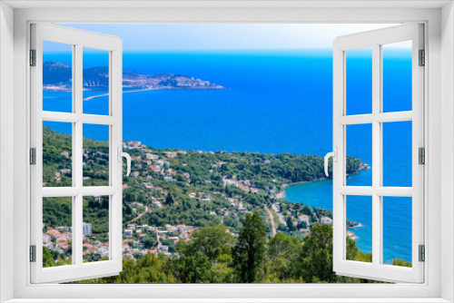 Fototapeta Naklejka Na Ścianę Okno 3D - View from the top of the mountain to the Balkan cities of Bar and Shushan and the Adriatic Sea. Montenegro.