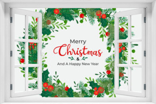 Fototapeta Naklejka Na Ścianę Okno 3D - Merry Christmas Unique wreath card of Christmas fir tree branches, holly berries, and winter leaves. Illustration for greetings, invitation cover in vector design template