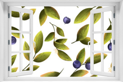 Fototapeta Naklejka Na Ścianę Okno 3D - Berries and branches of blueberries on a white background. Forest plants, food. Seamless pattern