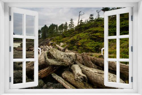 Fototapeta Naklejka Na Ścianę Okno 3D - Logs and driftwood on Cox Bay beach in Tofino. Pacific Ocean. British Columbia, Canada