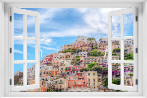 View of the village of Positano along the Amalfi Coast in Italy, with its characteristic colorful houses