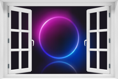 Fototapeta Naklejka Na Ścianę Okno 3D - Circle neon glowing frame on dark background. Trendy color vivid gradient. Template for design