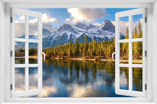 Fototapeta Naklejka Na Ścianę Okno 3D - Long Exposure View Of Canmore Mountains And River