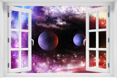 Fototapeta Naklejka Na Ścianę Okno 3D - Beautiful space with exoplanets, nebulae and star clusters. Alien planetary system. Interstellar nebula and planets in bright colors.