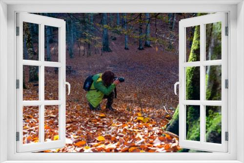 Fototapeta Naklejka Na Ścianę Okno 3D - Female nature photographer in green coat and black backpack taking photo while crouching fall season in Sevenlakes national park (Yedigoller milli parki), Bolu, Turkey