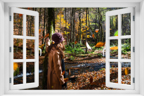 Fototapeta Naklejka Na Ścianę Okno 3D - Back view of woman in brown coat and hat watches the stream flowing in autumn and leaves are falling in Sevenlakes national park (Yedigoller milli parki), Bolu, Turkey