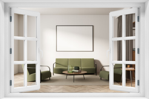 Bright living room interior with empty white poster, two armchairs