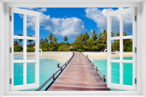 Fototapeta Naklejka Na Ścianę Okno 3D - Amazing panorama at Maldives. Luxury resort villas seascape with exotic seaside shore. Beautiful sunny blue sky clouds, palms. Stunning beach background for vacation holiday, tropical paradise concept
