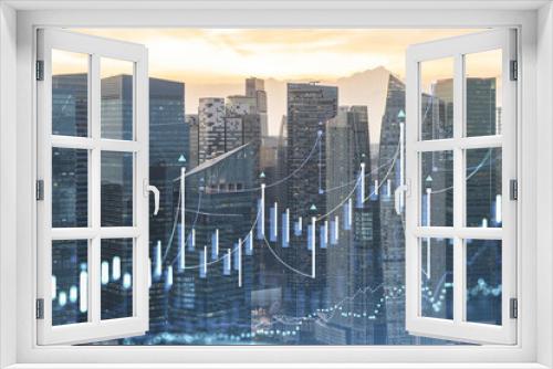 Fototapeta Naklejka Na Ścianę Okno 3D - Market behavior graph hologram, sunset panoramic city view of Singapore, popular location to achieve financial degree in Southeast Asia. The concept of financial data analysis. Double exposure.
