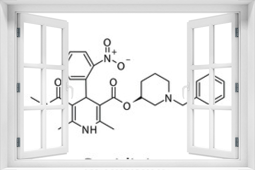 Benidipine molecular structure, flat skeletal chemical formula. Calcium channel blocker CCB Dihydropyridine drug used to treat Hypertension, Angina. Vector illustration.