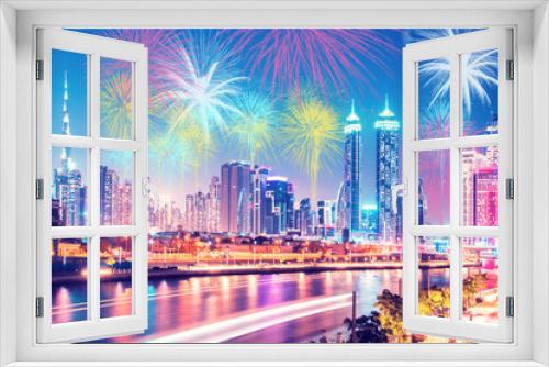 Fototapeta Naklejka Na Ścianę Okno 3D - Beautiful bright colorful city landscape in Dubai, OAE and the sky in festive New Year's fireworks