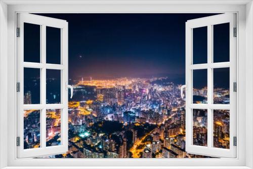 Fototapeta Naklejka Na Ścianę Okno 3D - cyberpunk mood of the aerial night cityscape, Kowloon, Hong Kong