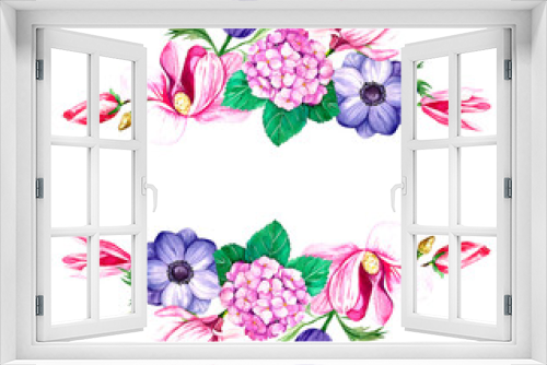 Fototapeta Naklejka Na Ścianę Okno 3D - Botanical frame with anemones hydrangea and magnolias