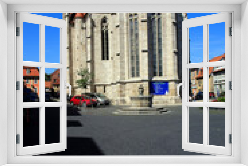 Fototapeta Naklejka Na Ścianę Okno 3D - Die Divi-Blasii-Kirche in Muehlhausen auf dem  Johann-Sebastian-Bach-Platz. Muehlhausen, Thueringen, Deutschland, Europa  --
Divi Blasi Church, Muehlhausen, Thuringia, Germany, Europe
