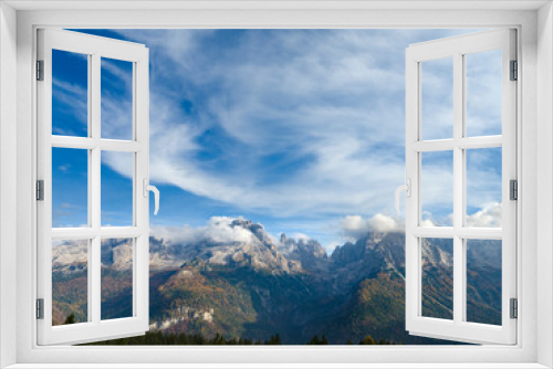 Fototapeta Naklejka Na Ścianę Okno 3D - The summits of Brenta mountain range towering above Madonna di Campiglio. Brenta group in the Dolomites, part of UNESCO. Europe, Italy, Val Rendena