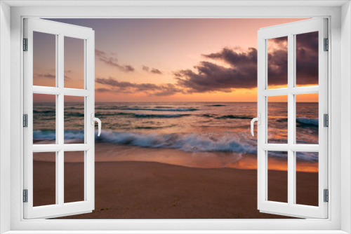 Fototapeta Naklejka Na Ścianę Okno 3D - calm sea scenery at dawn. waves wash empty sandy beach at twilight. relax and summer vacation concept. warm velvet season weather with clouds on the sky