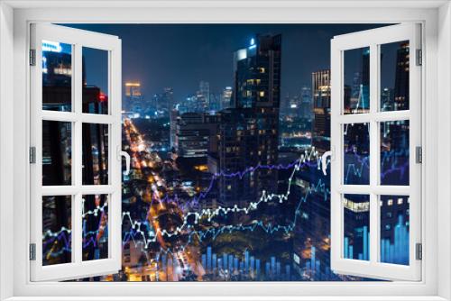 Fototapeta Naklejka Na Ścianę Okno 3D - Stock market graph hologram, night panorama city view of Bangkok, popular location to gain financial education in Southeast Asia. The concept of international research. Double exposure.