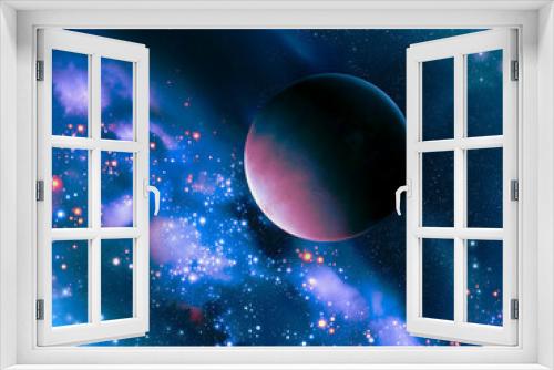 Fototapeta Naklejka Na Ścianę Okno 3D - Distant planet against the background of stars and nebulae. Earth-like exoplanet from another system. Beauty of the universe 3d illustration. 