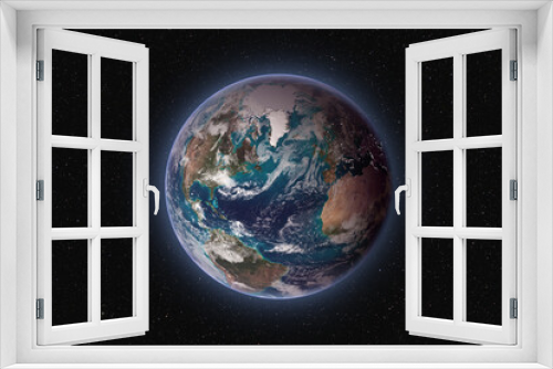 Fototapeta Naklejka Na Ścianę Okno 3D - Planet Earth against dark starry sky background, visible America, Africa, Europe and Greenland, elements of this image furnished by NASA