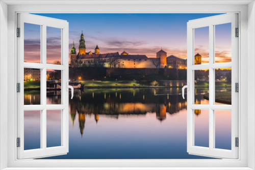 Wawel Castle and Wawel cathedral seen from the Vistula boulevards in the morning