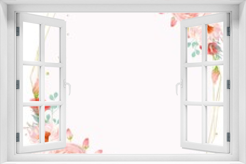 Fototapeta Naklejka Na Ścianę Okno 3D - エレガントなピンクと赤のバラの花とつぼみとリーフのゴールド水玉縦フレームベクターイラスト素材