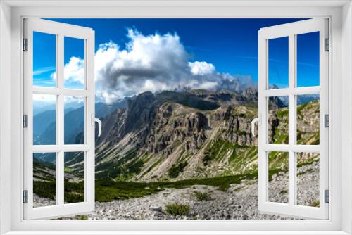 Fototapeta Naklejka Na Ścianę Okno 3D - Alpine Landscape With Mountain Peaks And View To Rifugio Auronzo On Mountain Tre Cime Di Lavaredo In South Tirol In Italy