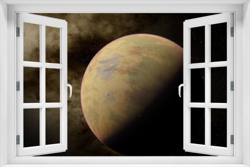 Fototapeta Naklejka Na Ścianę Okno 3D - Planets of deep space in light of red and blue stars. Science fiction 3d illustration