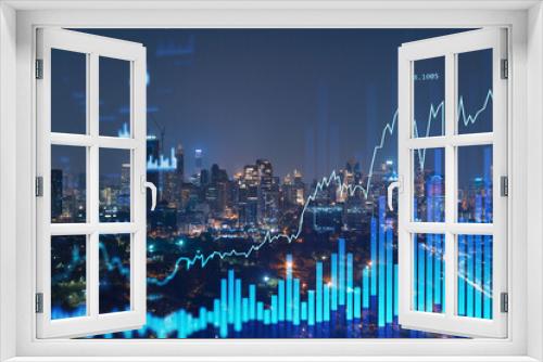 Fototapeta Naklejka Na Ścianę Okno 3D - FOREX graph hologram, aerial night panoramic cityscape of Bangkok, the developed location for stock market researchers in Southeast Asia. The concept of fundamental analysis. Double exposure.