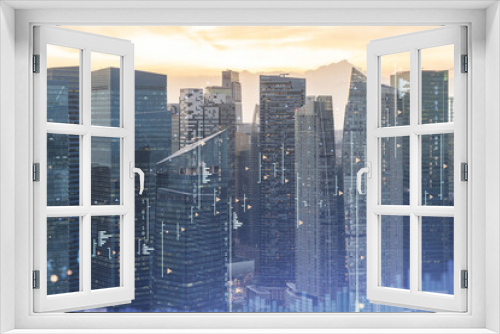 Market behavior graph hologram, sunset panoramic city view of Singapore, popular location to achieve financial degree in Southeast Asia. The concept of financial data analysis. Double exposure.