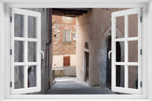 Fototapeta Naklejka Na Ścianę Okno 3D - Narrow Street with Ancient Walls and Houses in the Village of  Colonnata, Carrara- Italy