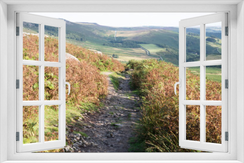 Fototapeta Naklejka Na Ścianę Okno 3D - A pathway through browning heathers overlooking the moorland valley landscape beneath Stanage Edge, Peak District, UK
