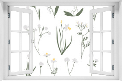 Fototapeta Naklejka Na Ścianę Okno 3D - Vector color hand drawn illustration with white spring flowers set. Big collection of minimalist wildflowers. For logo design, tattoo, postcard