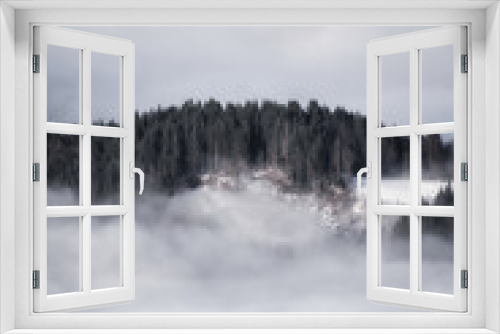 Fototapeta Naklejka Na Ścianę Okno 3D - landscape with dramatic fog, forest and mountains in winter 