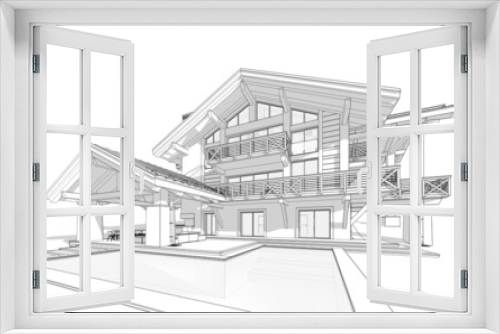 Fototapeta Naklejka Na Ścianę Okno 3D - 3d rendering of modern cozy chalet with pool and parking for sale or rent. Massive timber beams columns. Black line sketch with soft light shadows on white background.
