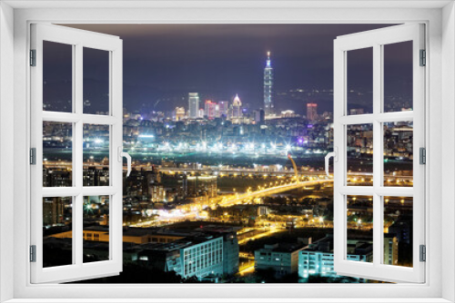 Fototapeta Naklejka Na Ścianę Okno 3D - Aerial panorama of busy Taipei City, Keelung River, Dazhi Bridge, Songshan Airport & Taipei 101 in XinYi District at dusk ~ A romantic night in Taipei downtown with beautiful skyline in background 