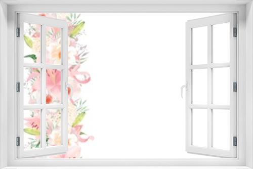 Fototapeta Naklejka Na Ścianę Okno 3D - エレガントな色使いのピンク系の百合の花と白いばらとリーフの水玉リボン付き招待状フレーム素材