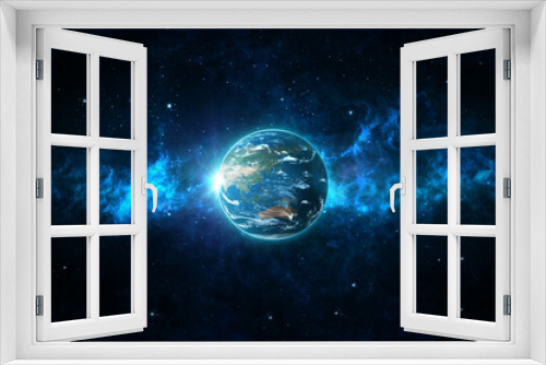 Fototapeta Naklejka Na Ścianę Okno 3D - Panoramic views of the Earth, sun, star and galaxy. Sunrise over the planet Earth, view from space. View from the side of Australia and Japan. 