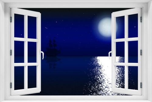 Vector illustration of romantic sea. Night sea landscape with moon, stars and ship in dark sky. beautiful calm summer of midnight scene with moonlight reflection in deep and warm water.Eps 10