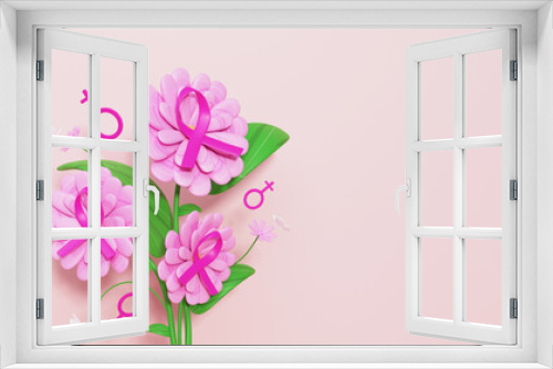 Fototapeta Naklejka Na Ścianę Okno 3D - 3D Render Of Pink Cross Ribbons Over Flowers, Leaves, Female Gender Sign And Copy Space.