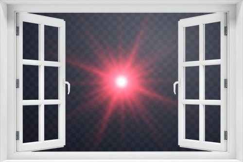 Red sunlight lens flare, sun flash with rays and spotlight. Glowing burst explosion on a transparent background.  .Vector illustration.