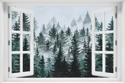 Fototapeta Naklejka Na Ścianę Okno 3D - Christmas trees in watercolor. Forest landscape